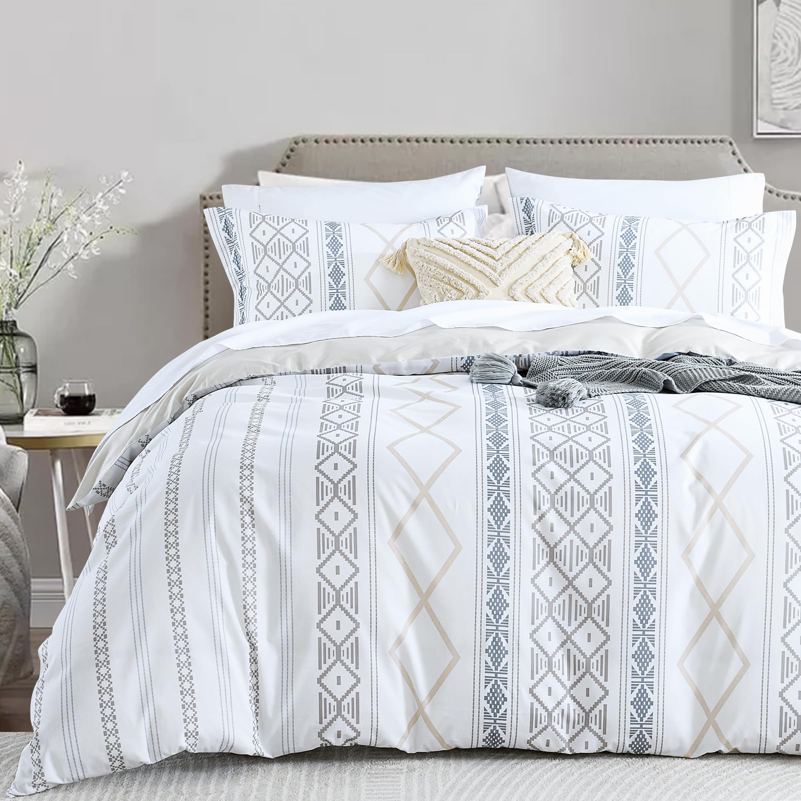Photo 1 of Bedduvit 100% Cotton Duvet Cover Queen Size - Soft Boho Striped Queen Duvet Cover, Reversible Breathable Duvet Cover Queen with Zipper Closure & 8 Ties (90"x90")