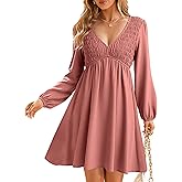 BerryGo Women's Casual Long Sleeve Babydoll Flowy Dress V Neck Swing Party Mini Dress with Pocket for Summer Beach 2025