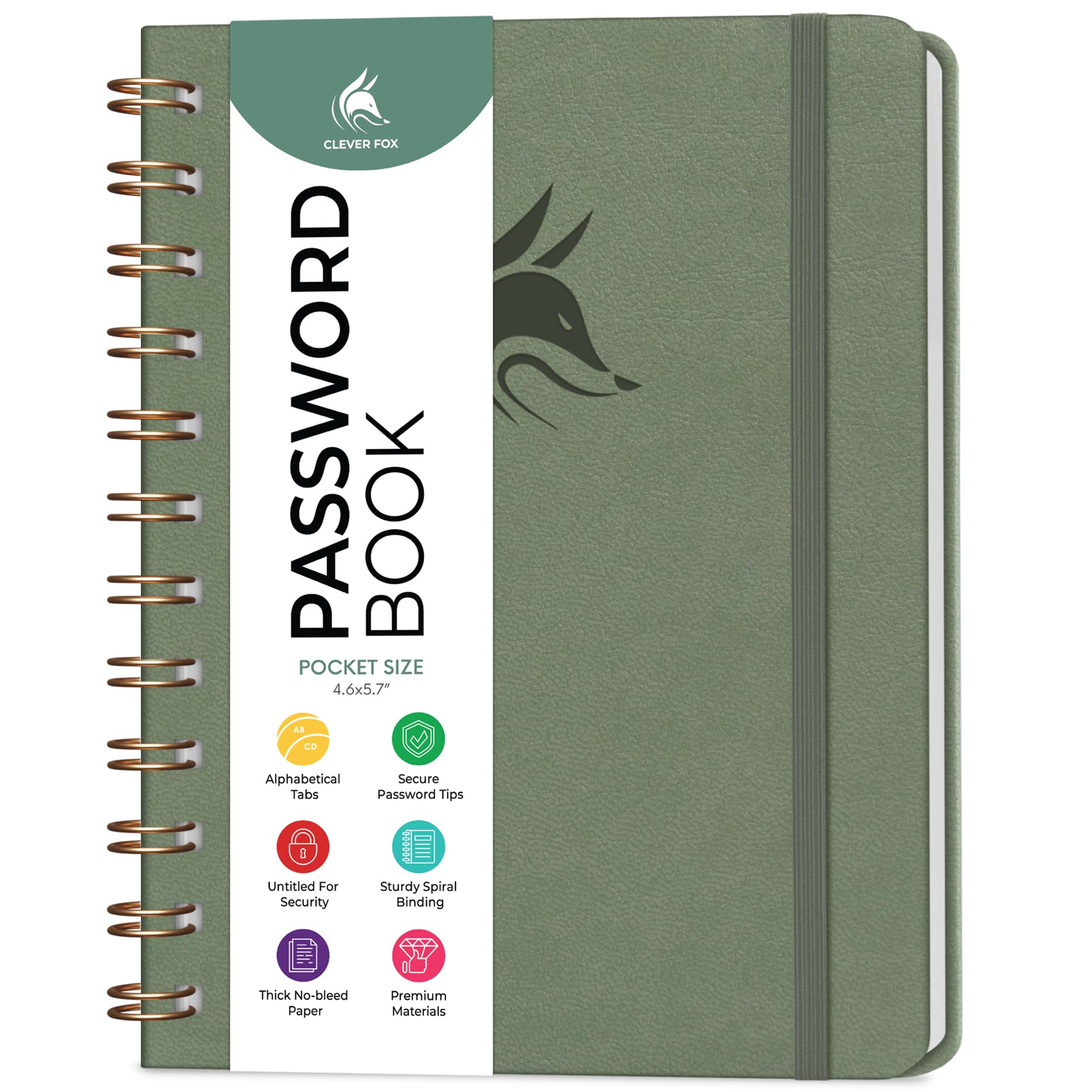 Clever Fox Password Book Spiral – Mini Internet Address Log with Alphabetical Tabs, Small Password Keeper & Organizer - Pocket 12x14cm (Cypress) — image 1