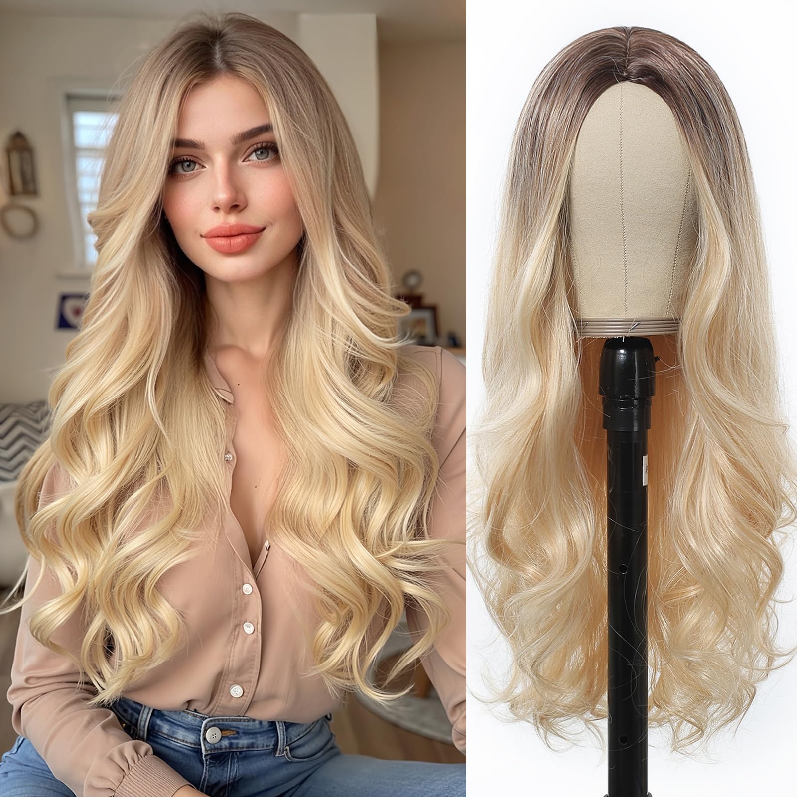 Esmee 24" Blonde wig Synthetic Wigs for Women Dark Roots Long Wig Brown Ombre Blonde Wavy Hair Realistic Simulation Scalp Middle Part for Daily Party Use — image 1