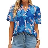 Simplee Womens Summer Floral Blouses Chiffon Boho Dressy Casual Work V Neck Puff Short Sleeve Loose Fashion Tops Shirt