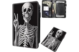 MXFDEGF Server Book for Waitress, Waiter Book Server Wallet Fit Serving Aprons, PU Leather with Zipper and 7 Large Pockets Pen Holder for Checks Pen Holder Personal Organizer Wallet,Rock Skeleton