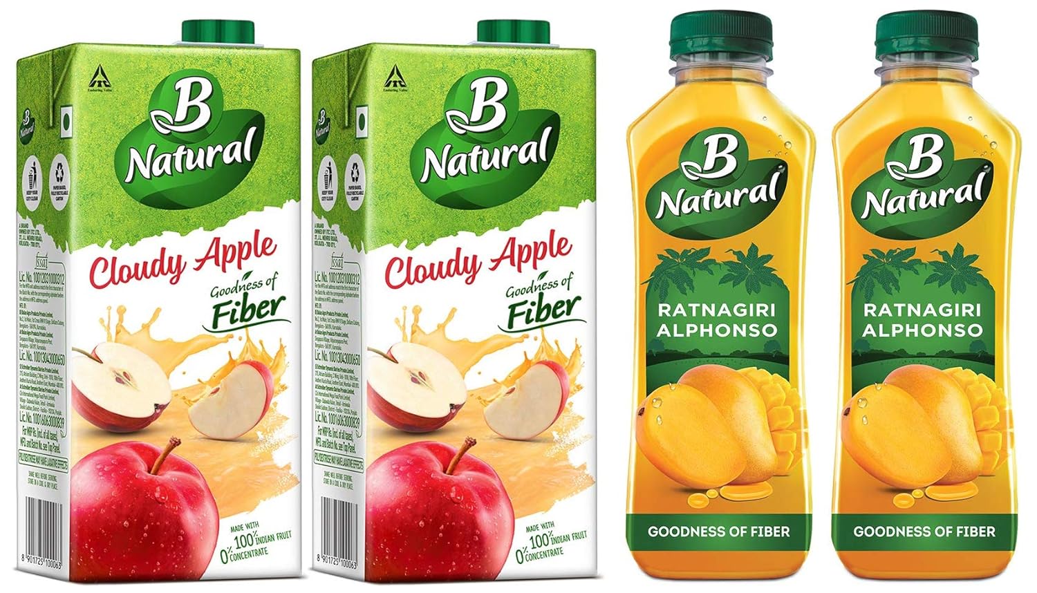 B Natural Apple Juice 1L, (Pack of 2) + B Natural Ratnagiri Alphonso 750ml (Pack of 2) Amazon