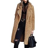 Angashion Women's Fuzzy Fleece Lapel Open Front Long Cardigan Coat Faux Fur Warm Winter Outwear Jackets
