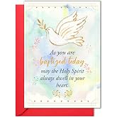 HOMEVAGE Baptism Card for Baby, Religious Christian Greeting Card | 5x7 folded 350gsm cardstock with envelope, sticker and elegant watercolor cross and dove artwork.