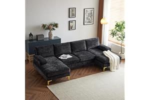 Karl home Convertible Sectional Sofa 110" U-Shape Sofa Couch 4-Seat Couch with Chaise ChenilleFabric Upholstered for Living Room, Apartment, Office, Black
