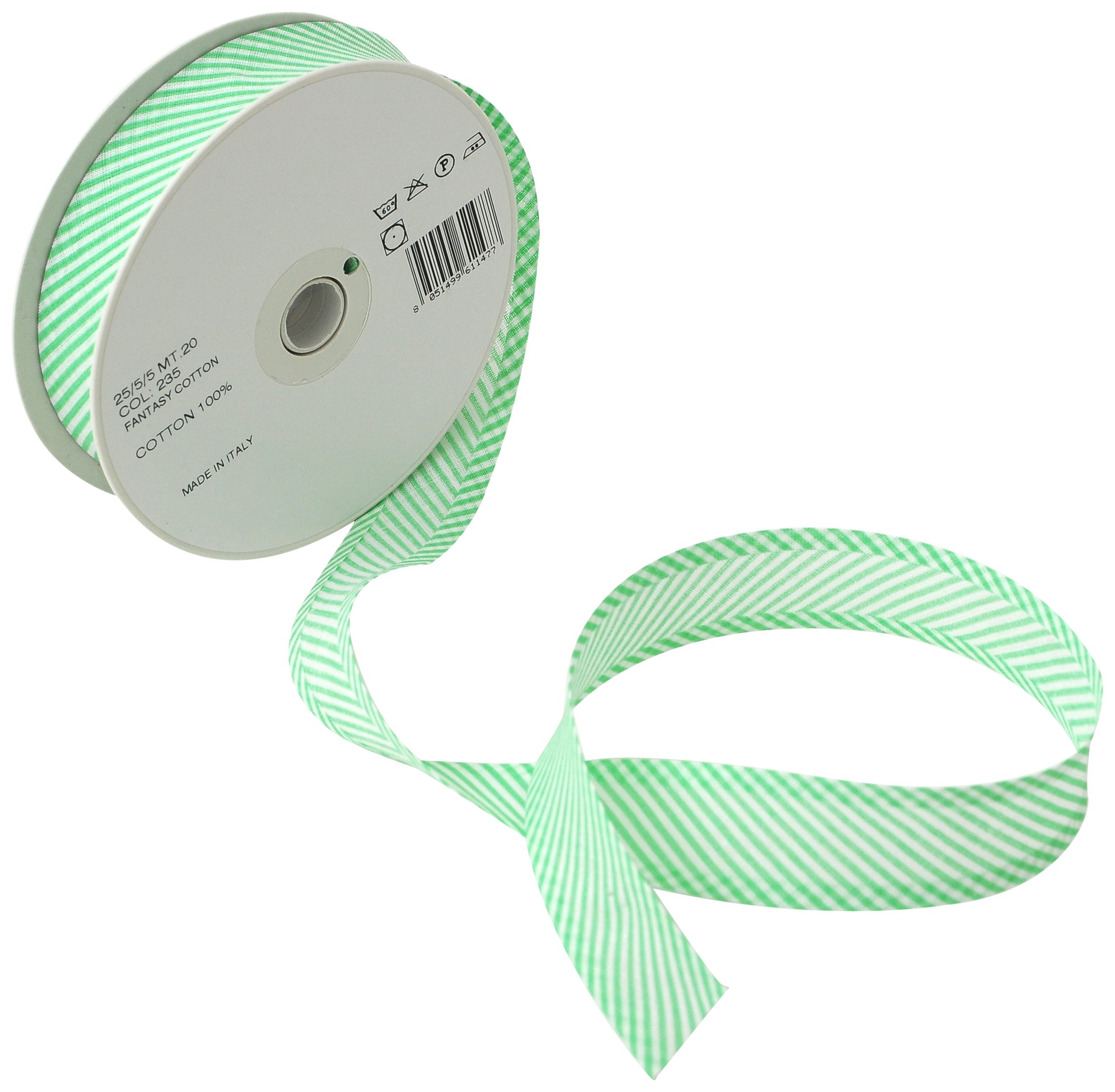 Inastri Trimz Cotton Bias Binding – Green Striped White 235, 25/5/5 mm Double‑Fold Binding Tape for Dressmaking, Quilting, Crafts and Edging