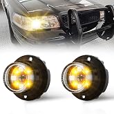 SMALLFATW Amber White LED Emergency Hideaway Strobe Lights Kit (2PCS) | 1 Inch Round Waterproof Strobe Lights 14 Flashing Patterns Grill Surface Mount Headlight Taillight for Trucks, Vehicles, Car