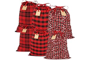 HRX Package Large Fabric Drawstring Gift Bags 20x16 16x12 inches, 6pcs Christmas Sacks Buffalo Plaid Big Cloth Gift Bags for Xmas Presents
