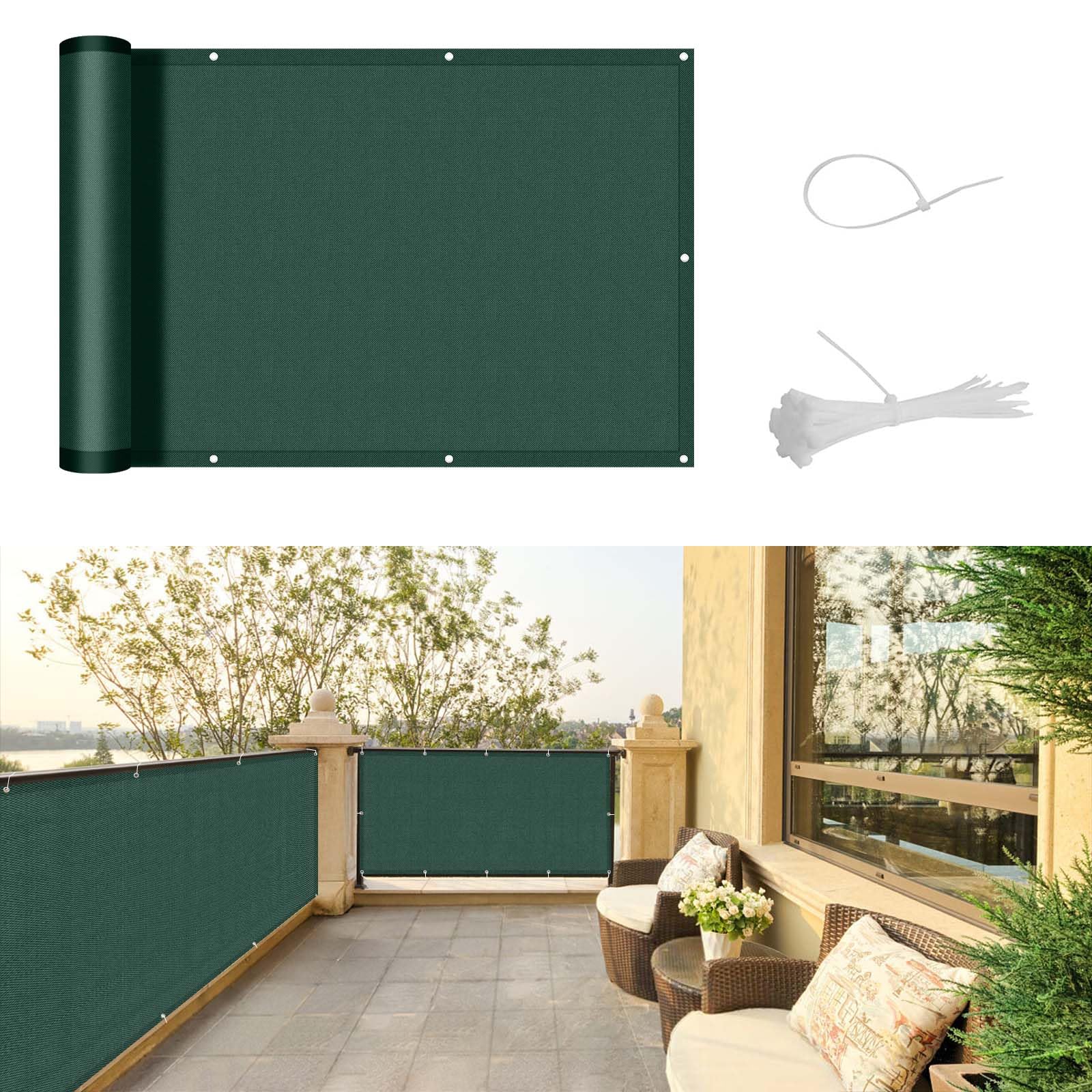 SUNNY GUARD Balcony Privacy Screen 90x400cm Fence Screen for Balcony and Patio Cover,UV protection waterproof and windproof,with Cable Ties,Dark Green