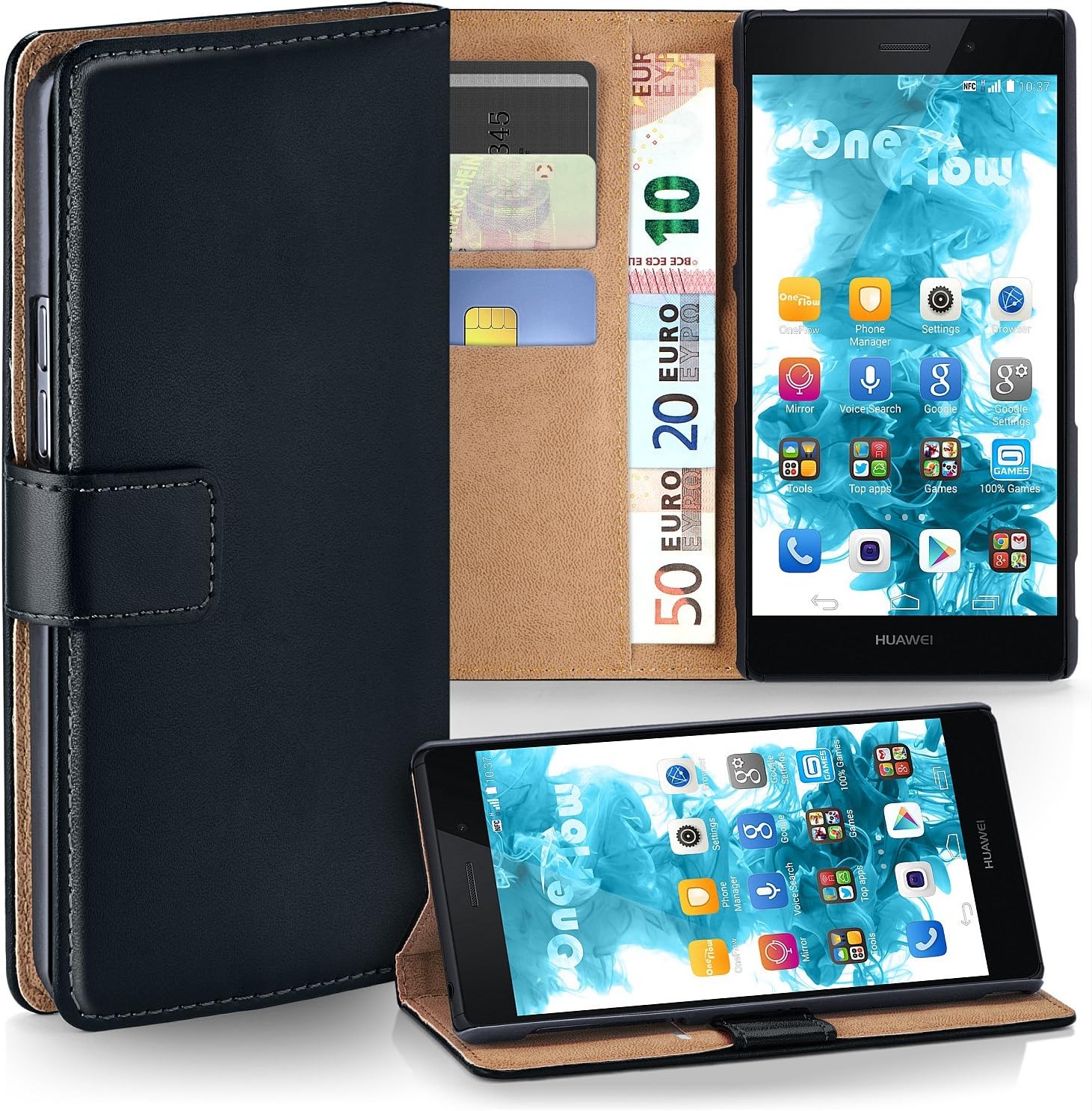 MoEx Book-style flip case compatible with Huawei P8 Lite 2015 | Card/money slots + stand, Black