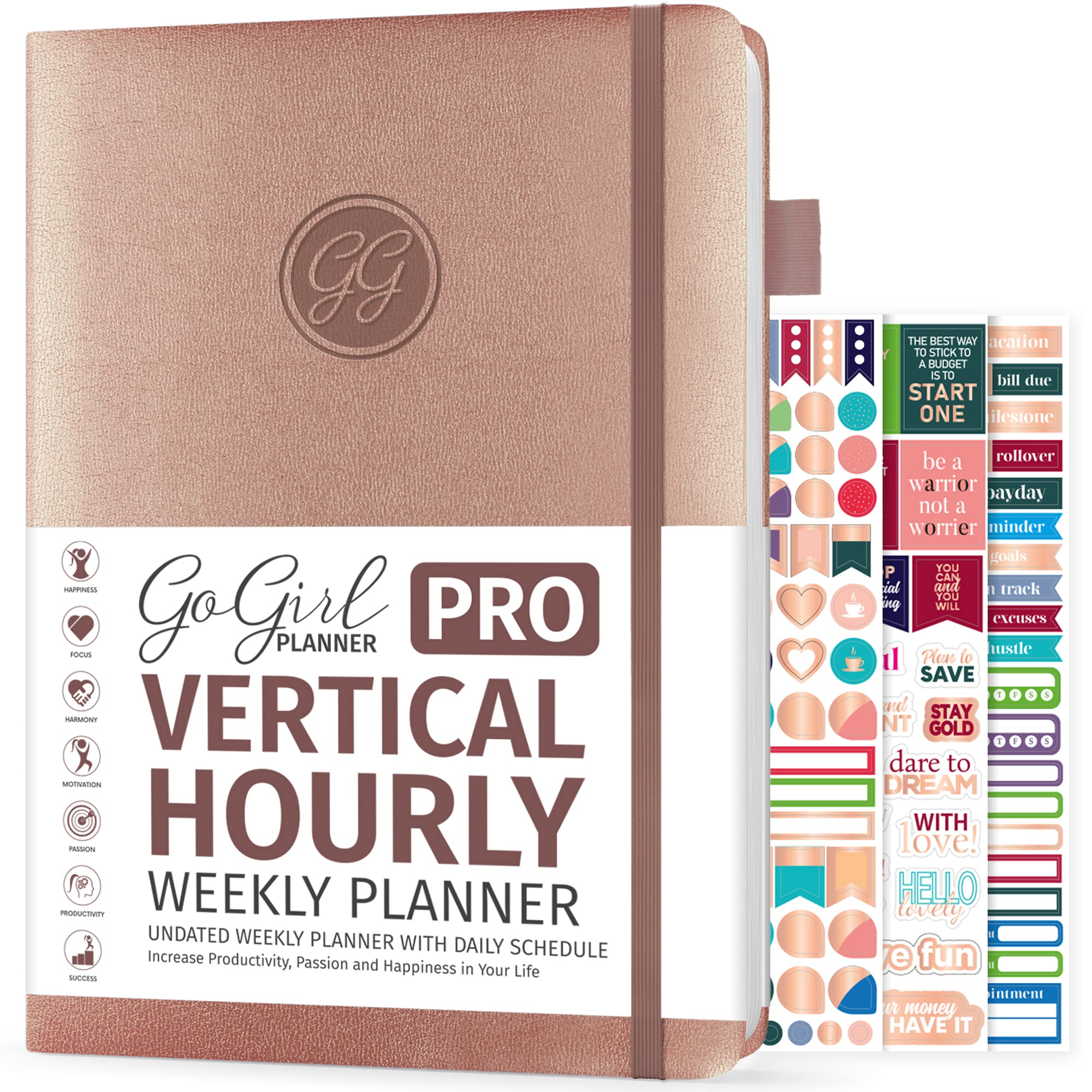 GoGirl Planner PRO Schedule - Undated Planner with Hourly Time Slots, Monthly, Weekly & Daily Organizer, Appointment Book for time Management, 18 x 25.5cm, Hardcover, Lasts 1 Year - Rose Gold