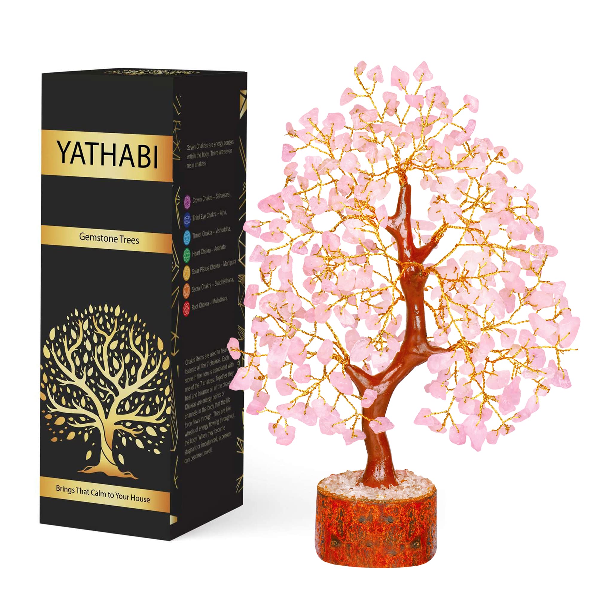 YATHABI Rose Quartz Love Crystal Tree Ornament Figurine Good Luck Prosperity Money Feng Shui Handmade Gift Sculpture Reiki Healing Gemstone Trees Stone For Good Luck Home Office Decor Size 10-12 Inch
