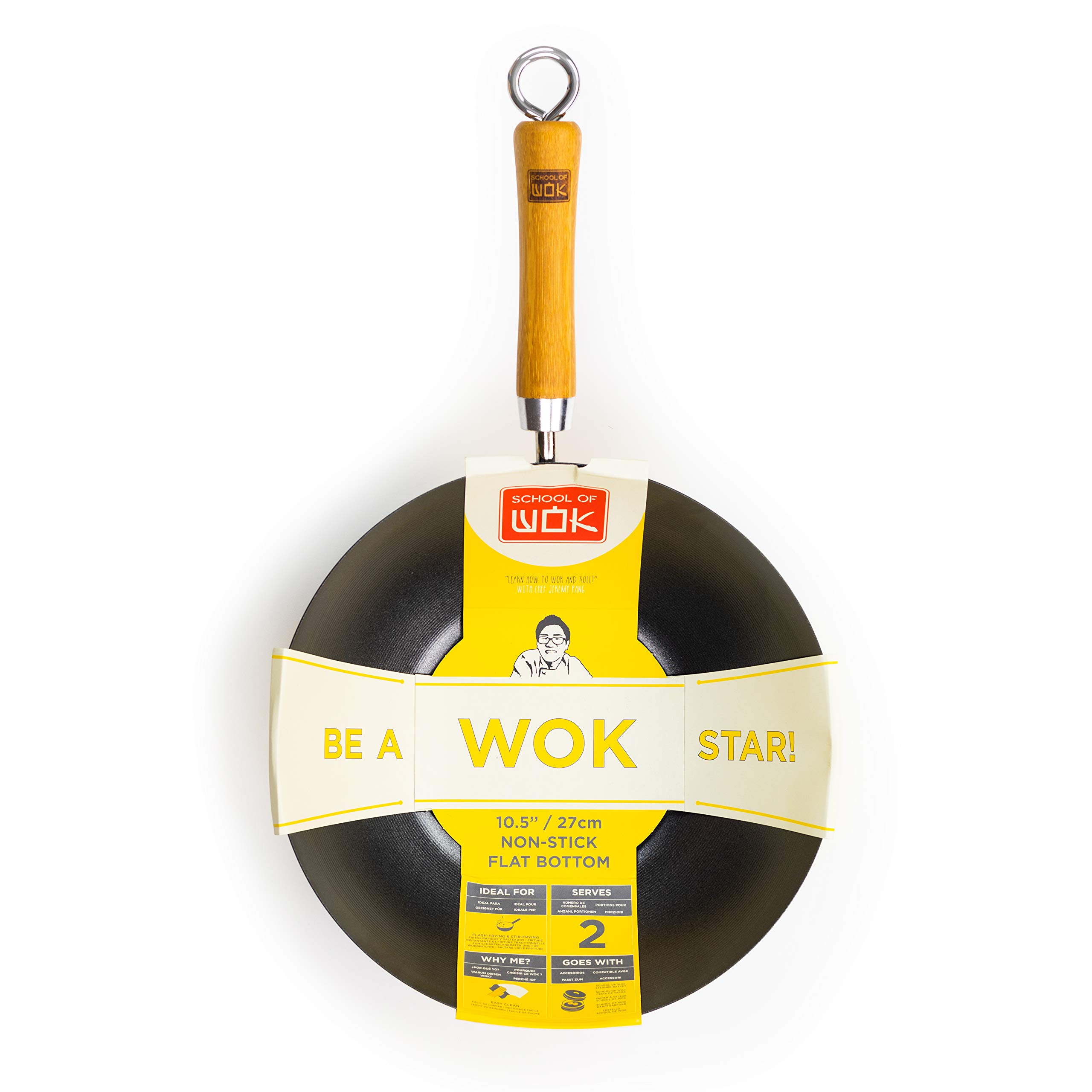 School of Wok - 10.5"/27cm Non Stick Carbon Steel Flat Bottom Wok, Induction Hobs, with Bamboo Wooden Handle, Stir-Fry Pan
