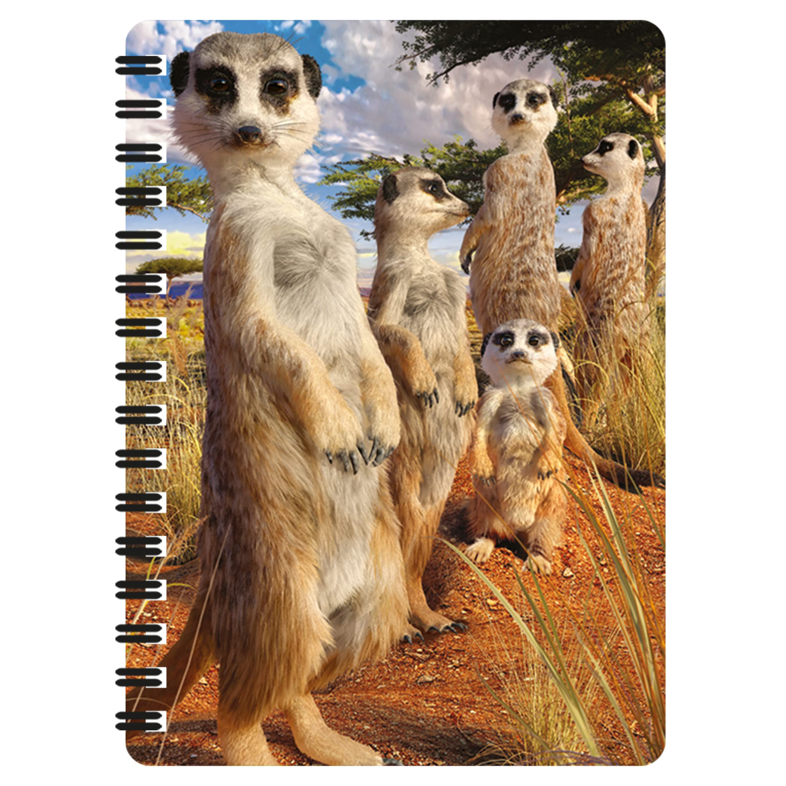 3D LiveLife Jotter - Meerkat Gaze from Deluxebase. Lenticular 3D Safari A6 Spiral Notebook with plain recycled paper pages. Artwork licensed from renowned artist David Penfound