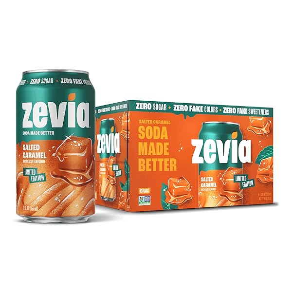 ZEVIA ZERO SUGAR SODA, SALTED CARAMEL, 12 OZ CANS (6-PACK) – CAFFEINE FREE, NATURALLY SWEETENED, NO CALORIE SODA – NON-GMO PROJECT VERIFIED, GLUTEN-FREE, VEGAN