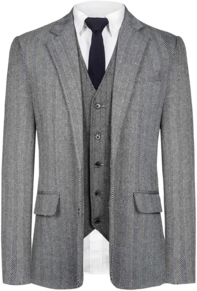 CMDC Men Suit Slim Fit Tweed Wool Blend Herringbone Vintage Tailored Modern Fit Suit