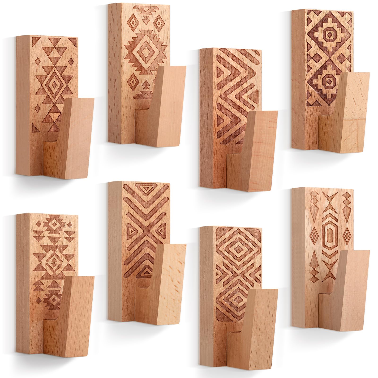 Photo 1 of Amyhill 8 Pack Boho Decorative Wood Adhesive Wall Hooks, Boho Wooden Hooks for Hanging Hat, Coat, Jacket - No Damage Wall Mount Towel Hangers Key Holder, Bathroom Kitchen Decor(Classic Color)