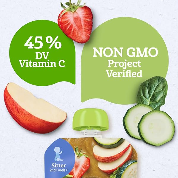 GERBER ORGANIC BABY FOOD POUCHES, 2ND FOODS FOR SITTER, APPLE ZUCCHINI SPINACH STRAWBERRY, 3.5 OUNCE