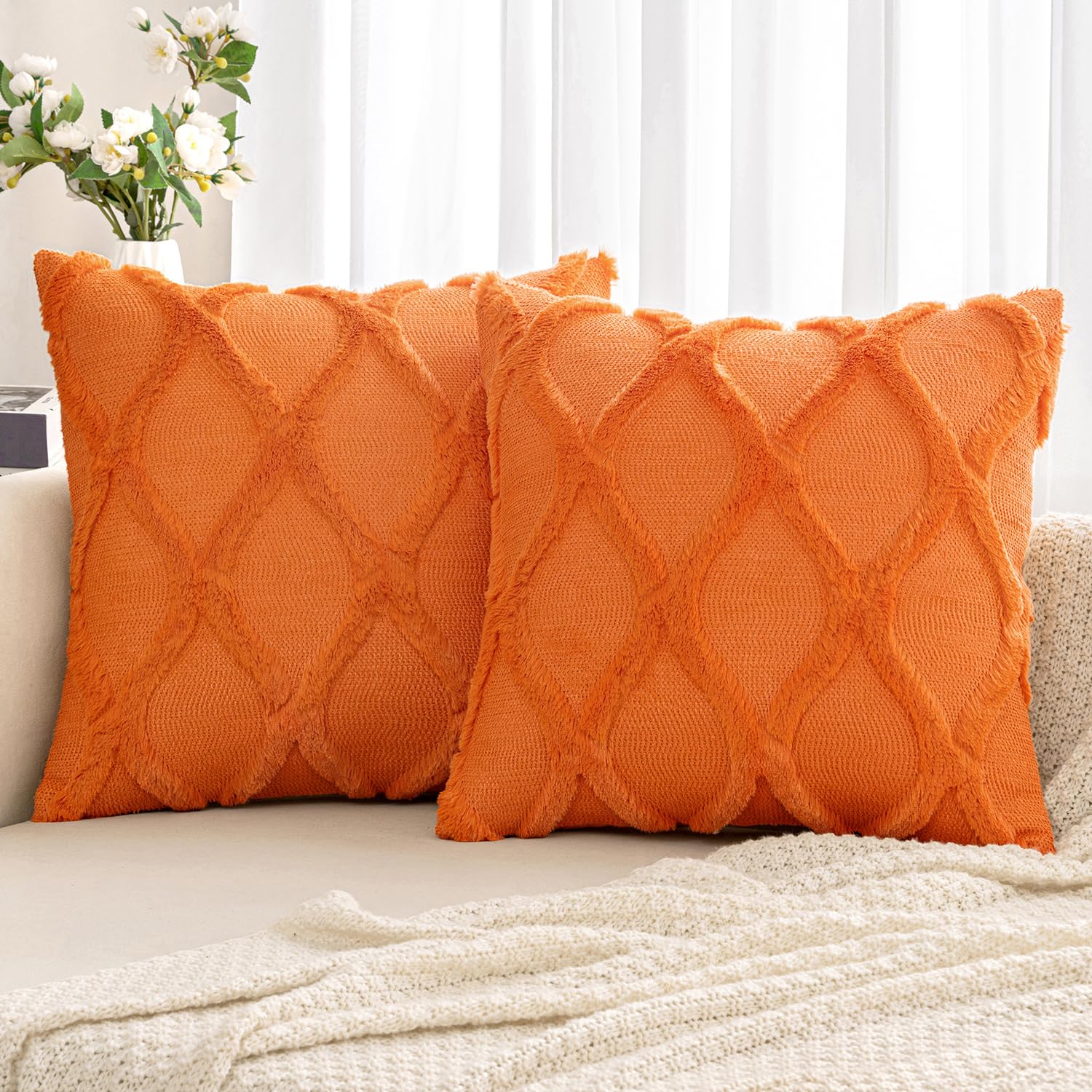 Photo 1 of MIULEE Decorative Throw Pillow Covers Burnt Orange 20x20 Inch Set of 2, Soft Plush Faux Wool Couch Cushion Covers Farmhouse Throw Pillows for Couch Bed Sofa Living Room