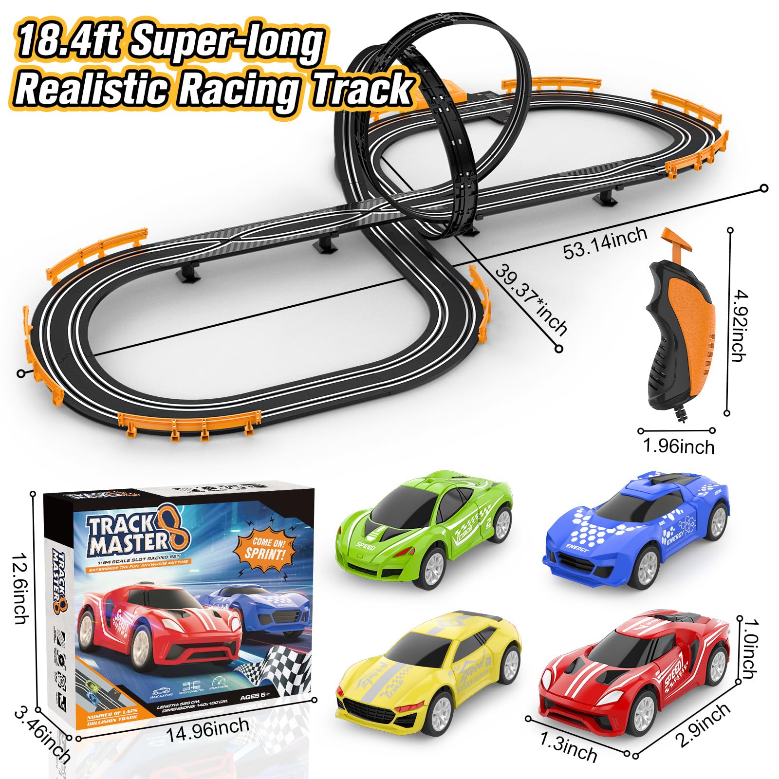 Slot-Car-Race-Track-Sets for Boys Kids, Battery or Electric Race Car Track with 4 High-Speed Slot Cars, Dual Racing Game 2 Hand Controllers Circular Overpass Track, Toys Gifts for 6-8 8-12 Boys Girls