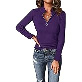 PRETTYGARDEN Spring Quarter Zip Pullover Sweaters for Women 2026 Long Sleeve Collared Fitted Ribbed Knit Tops