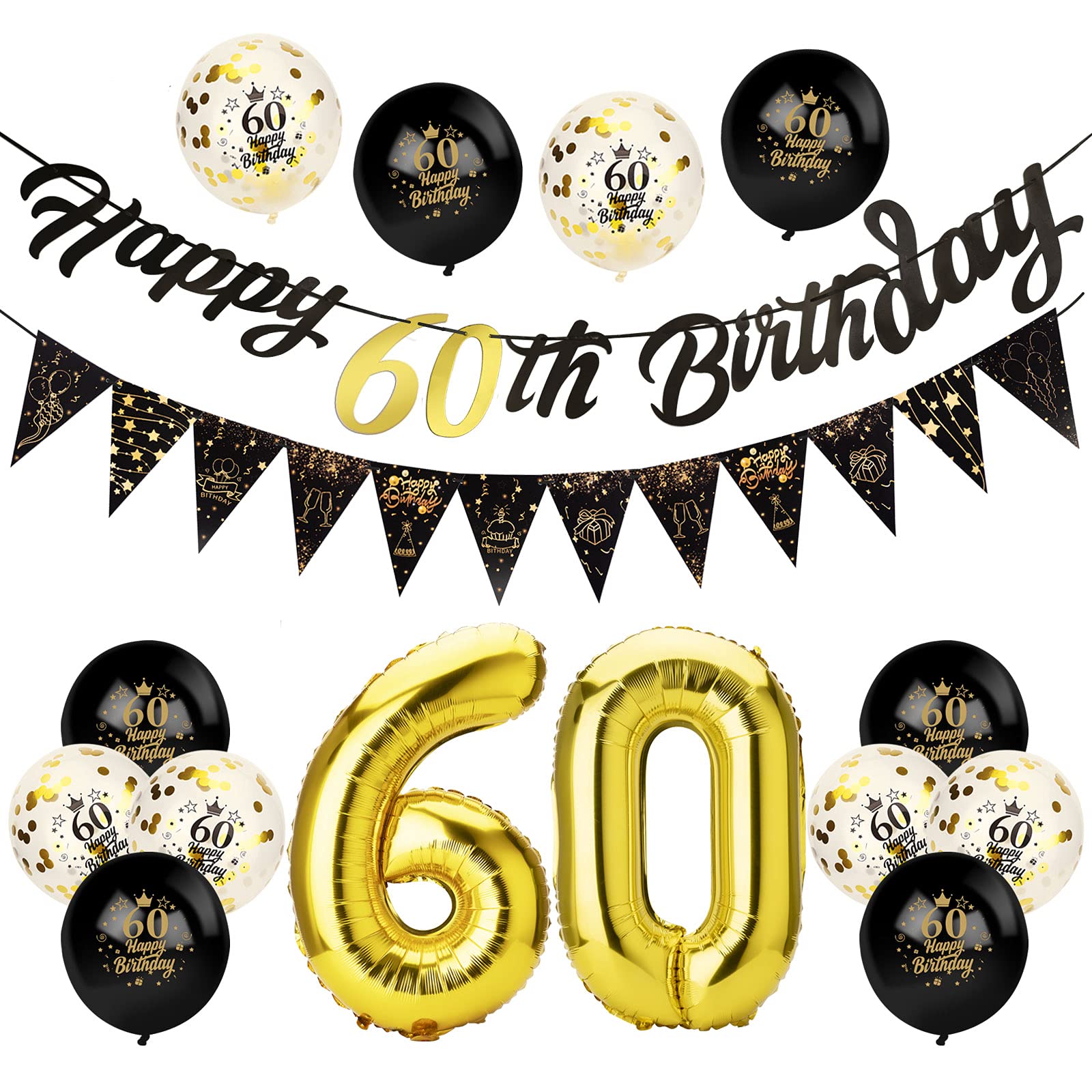 Afirbeone 60th Birthday Decorations Set, Including Black Gold Happy Birthday Banner, Triangle Flag Banner, Confetti Latex Balloons and Aluminum Foil Balloons for Party Decoration