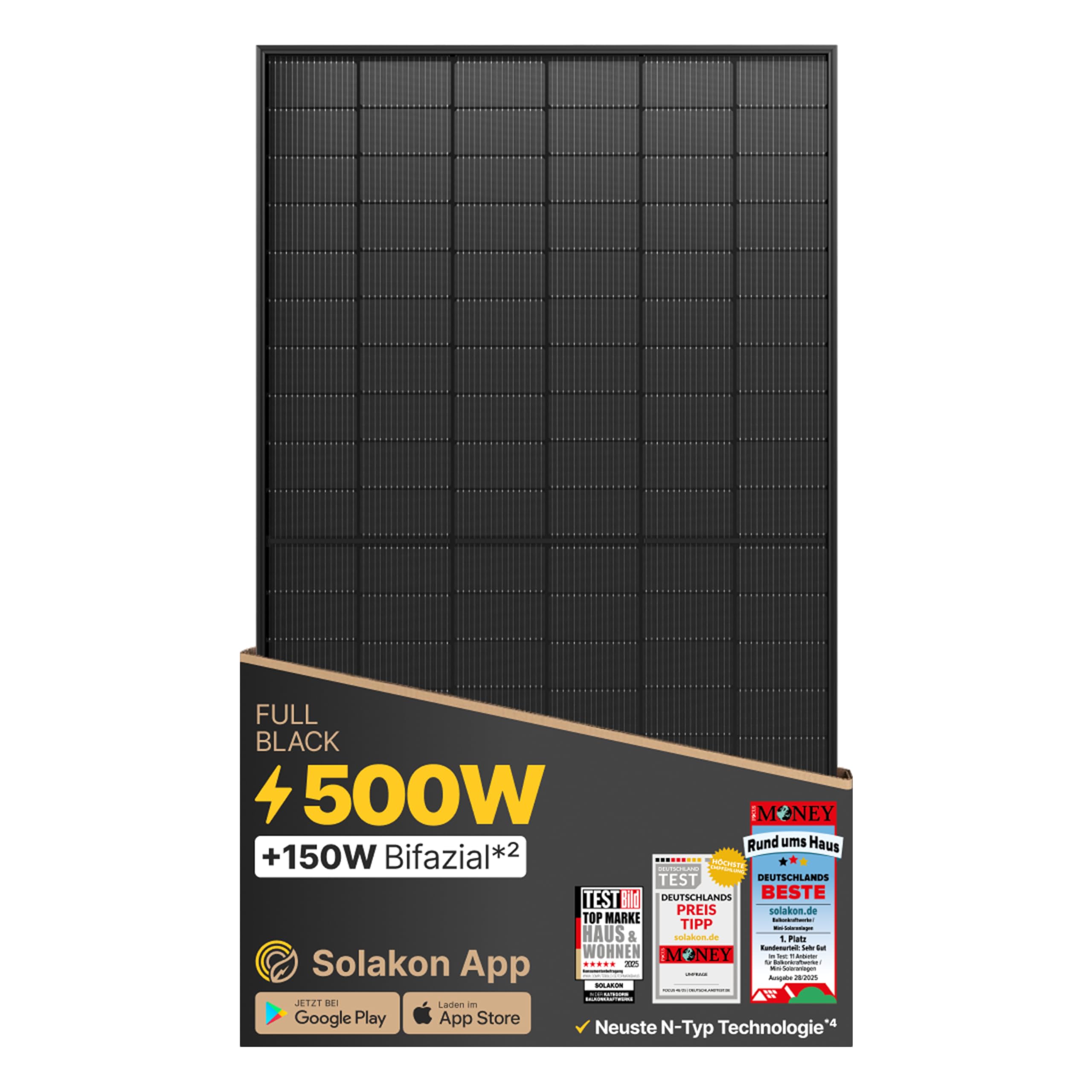 Solakon Solarpanel 500W, Bifazial Glas-Glas N-Type Solarmodul, 40v Full Black Solarmodule/Solar Module für Balkonkraftwerk/Solaranlage, 500w Solar Panel für Photovoltaik Komplettanlage (1 Stk)