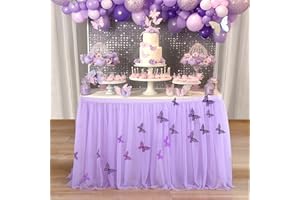 SUPPROMO 6ft Purple Butterfly Table Skirt for Butterfly Baby Shower Gilrs Tulle Tutu Table Cloth Cover for Butterfly Theme Birthday Party Wedding Cake Dessert Table Decorations