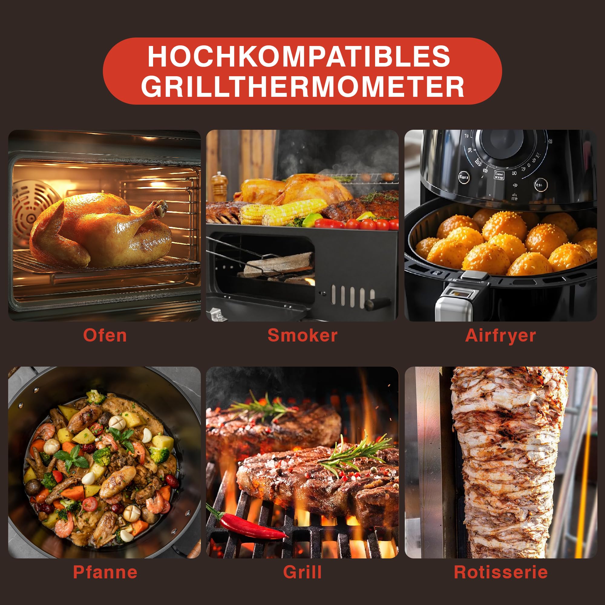 Fleischthermometer Kabellos mit APP Digital Bratenthermometer Kabellos, Grillthermometer Kabellos Bratenthermometer Digital, Backofenthermometer, Küchenthermometer LCD für Kochen, Fleisch, Grillen,BBQ