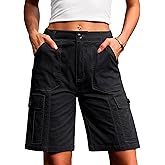 Eddoyee Bermuda Cargo Shorts for Women Casual Long Knee Length High Waisted Stretch Wide Leg Relaxed Fit