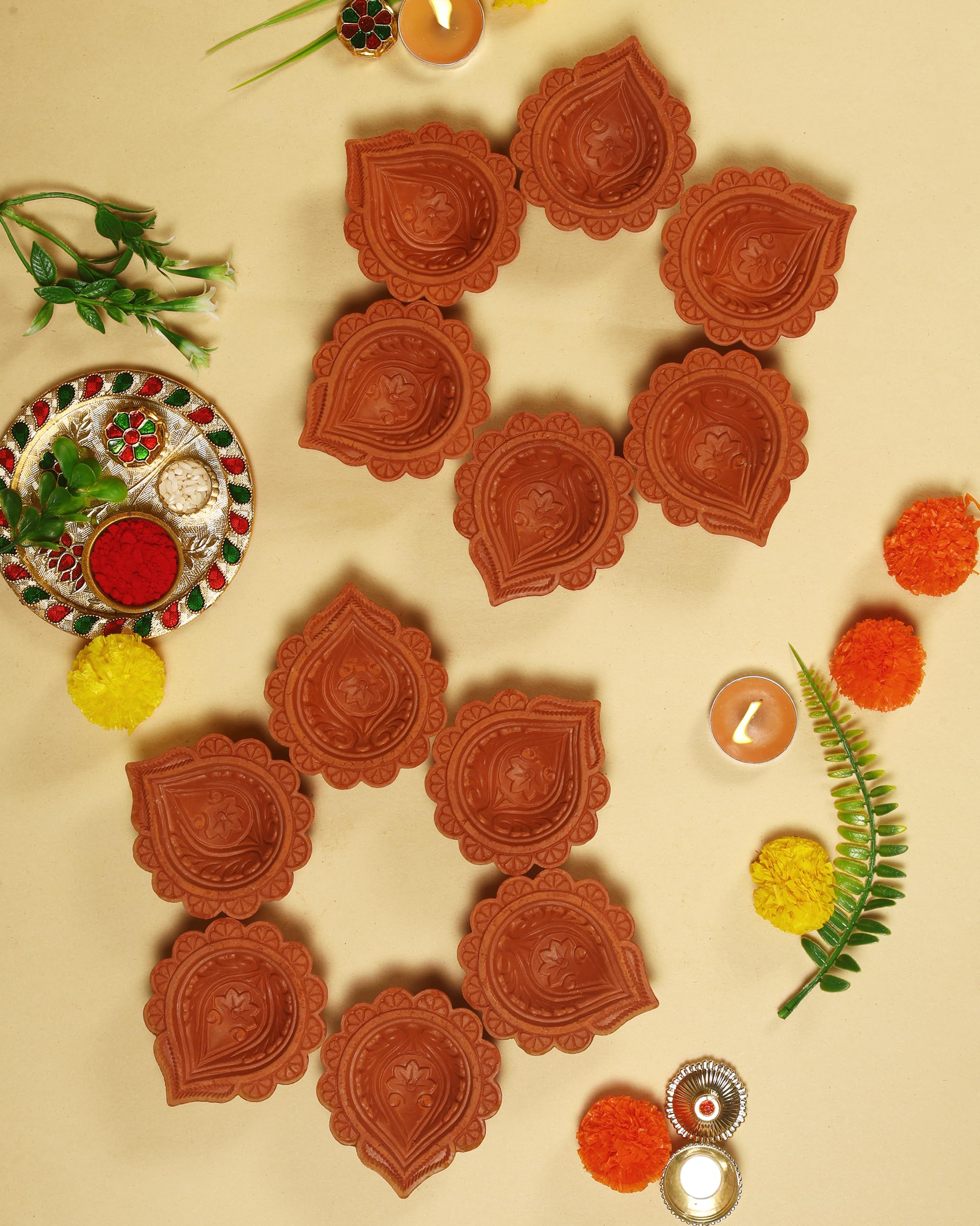 Photo 1 of ***FACTORY SEALED***Handmade Terracoaat Set of 12 Multicolor Clay Diya for Diwali Decorations Oil Lamp Decor Diwali Clay Diya Tea Light Holder | Indian Decor Festival Gifts Puja Items-01DA (Design5)