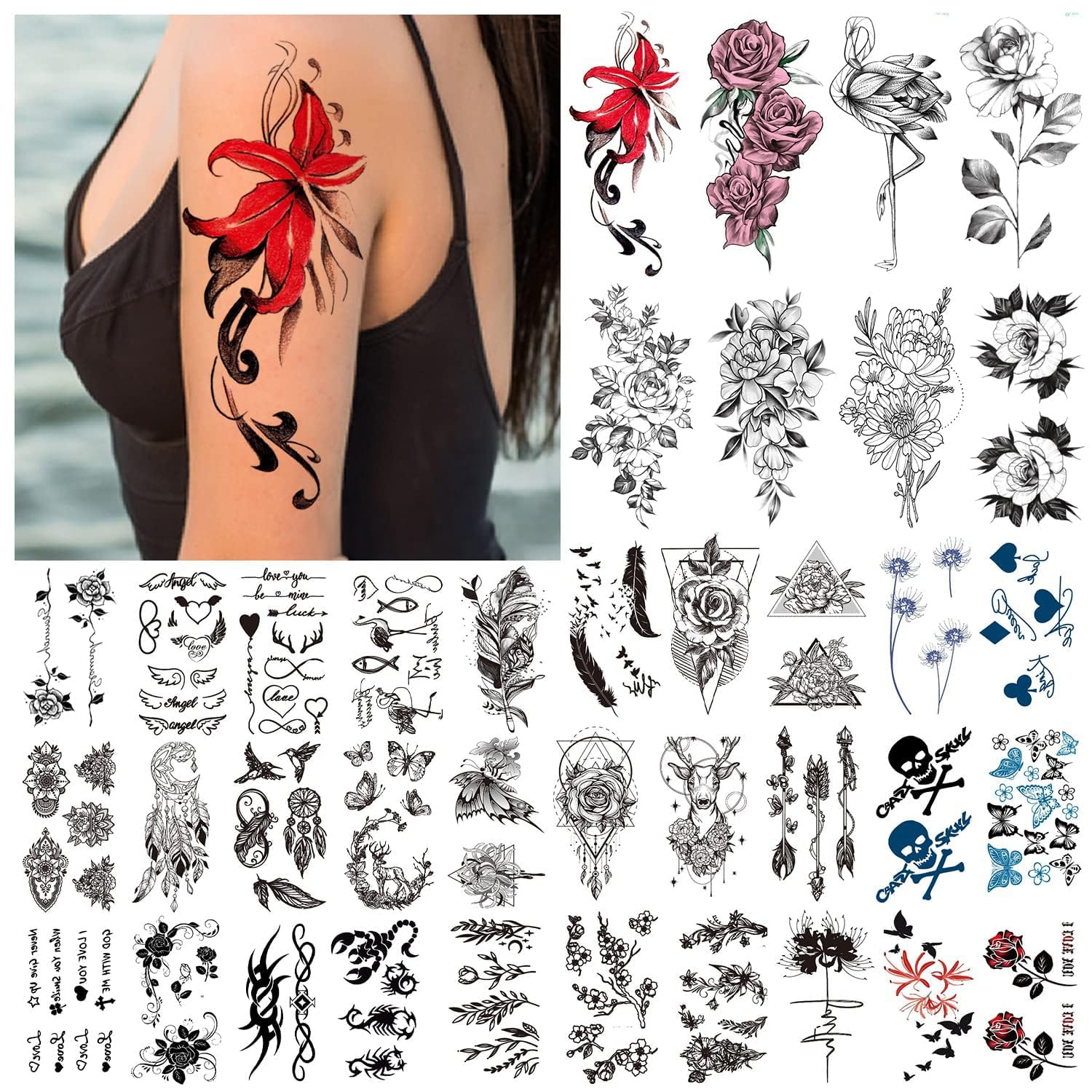 Acevegue 50 Sheets Fake Tattoos for Women, Temporary Tattoos with Rose Flowers Flamingo Feather Butterfly Tattoo Stickers for Girls and Women Body Art Makeup Decorations