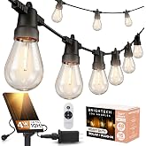 Brightech Ambience Hybrid Outdoor String Lights - Dual Plug and Solar Powered Waterproof LED Light String for Outside - Dimmable Soft White Edison Bulbs for Camping, Patio, Cafe, Yard - 48ft, 4W
