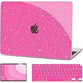 G JGOO Compatible with MacBook Air 13 inch Case 2022 2021 2020 2019 2018 Release M1 A2337 A2179 A1932 Touch ID, Glitter Plastic Hard Shell Case + Keyboard Cover + Screen Protector, Sparkly Hot Pink