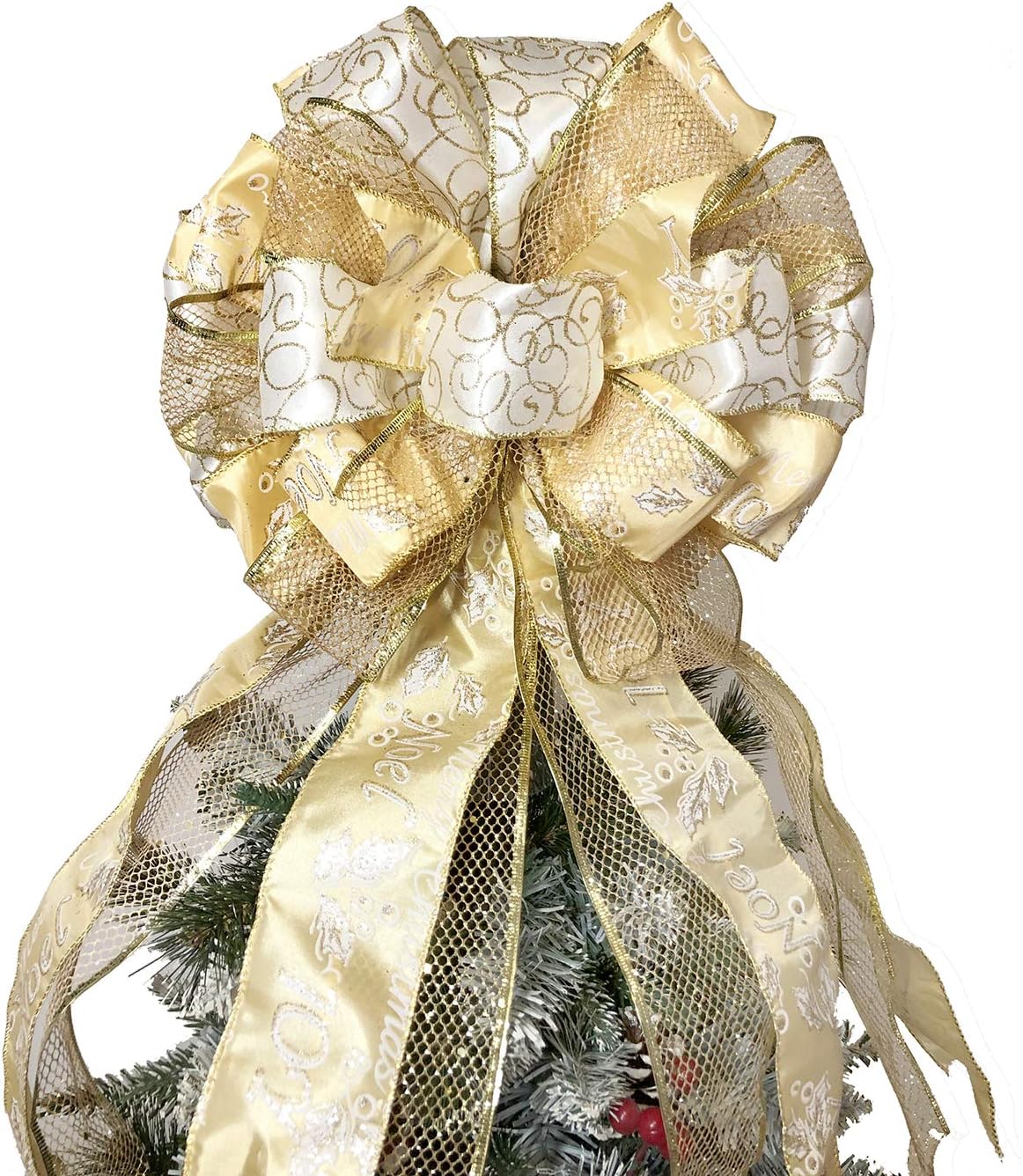 Tree Toppers - Flash World Christmas Tree Topper,27x12 Inches Large Toppers Bow with Streamer Wired Edge for Christmas Decoration (Gold)