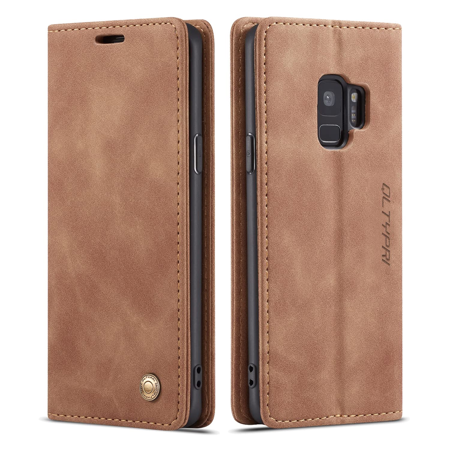 QLTYPRI Case for Samsung Galaxy S9, Vintage PU Leather Wallet Case Card Slot Kickstand Magnetic Closure Shockproof Flip Folio Case Cover for Samsung Galaxy S9 - Brown