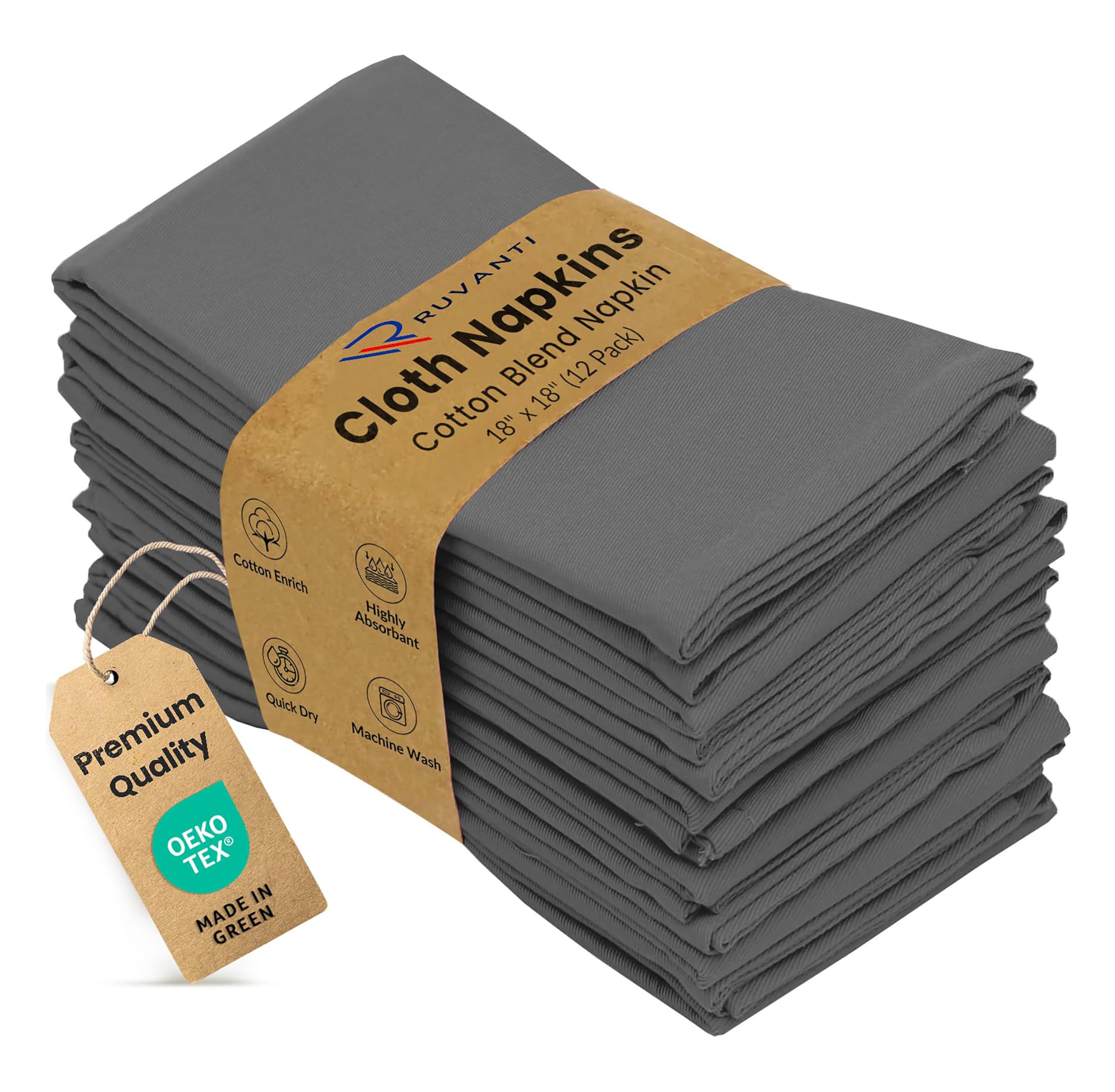 Ruvanti Cloth Napkins 12 Pack 18X18 Inch Dinner Table Napkins, Soft & Comfortable, Cotton Enrich, Grey Napkins, Washable, Reusable Linen Napkins for Christmas, Dinner, Weddings, Bar, Cocktail Party.