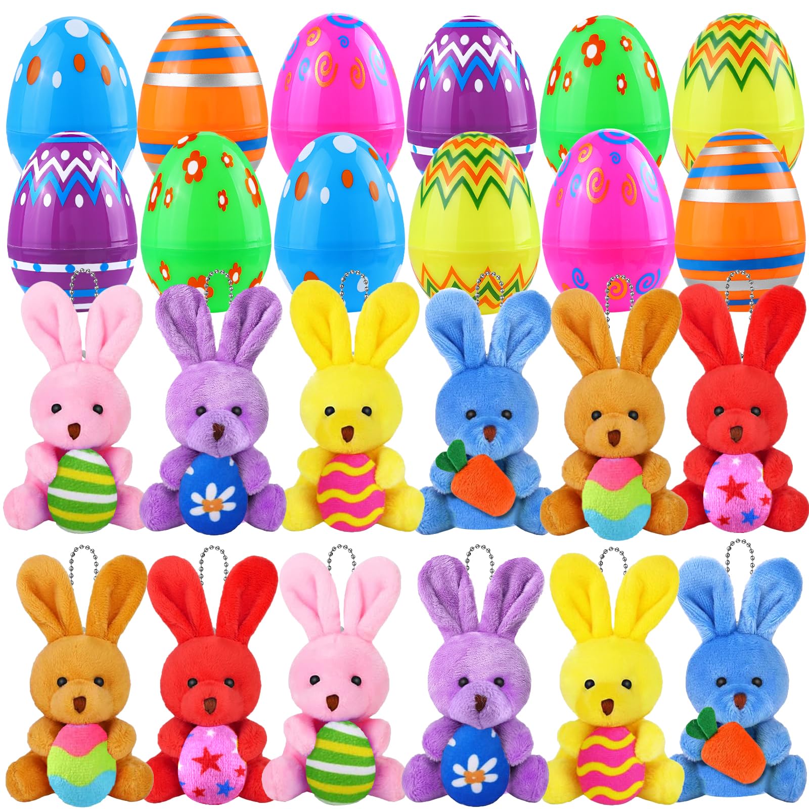 DULEFUN 12pcs PreFilled Easter Eggs with Plush Bunny Toys, Egg Fillers Hunt Basket Stuffers Bunnies Keychain Toy for Kids Boys Girls Easter Party Favors Classroom Prize