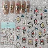 CESTSIREN Floral Nail Stickers, Flower Gold Nail Decals, Self-Adhesive,Summer Spring Nail Accessories & Supplies, Durable & Long-Lasting