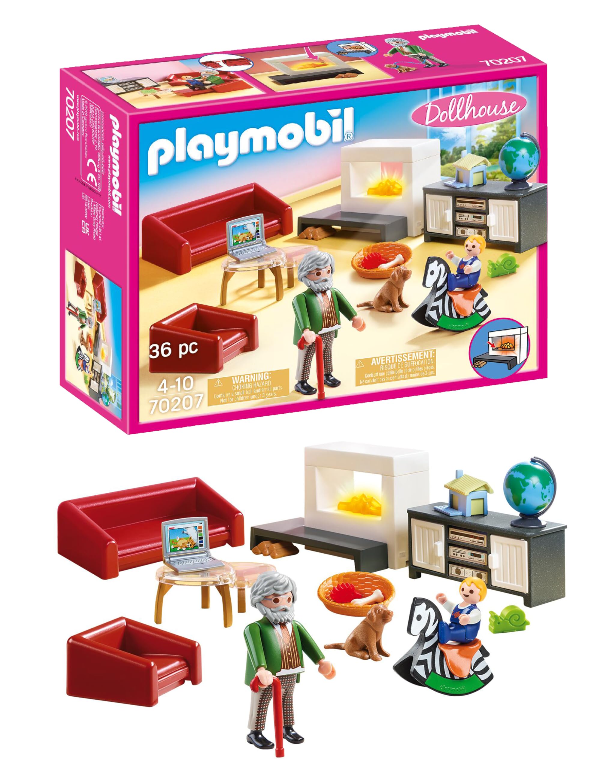 Playmobil 70207 Dollhouse Living Room with Fireplace, With Lighting Effect, for Children Ages 4+