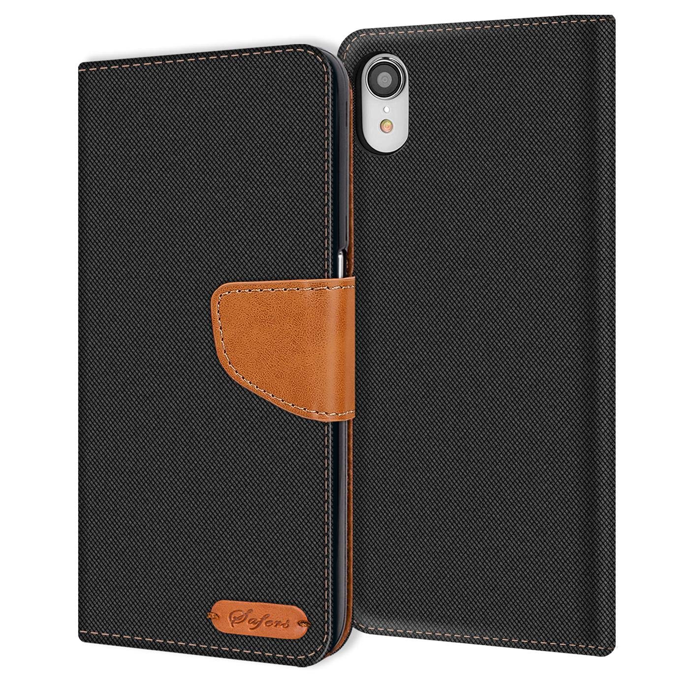 Verco Phone Wallet Case compatible with the iPhone XR, Canvas Faux Leather Book Cover for the Apple iPhone XR Flip Case Bag Hinged - Black