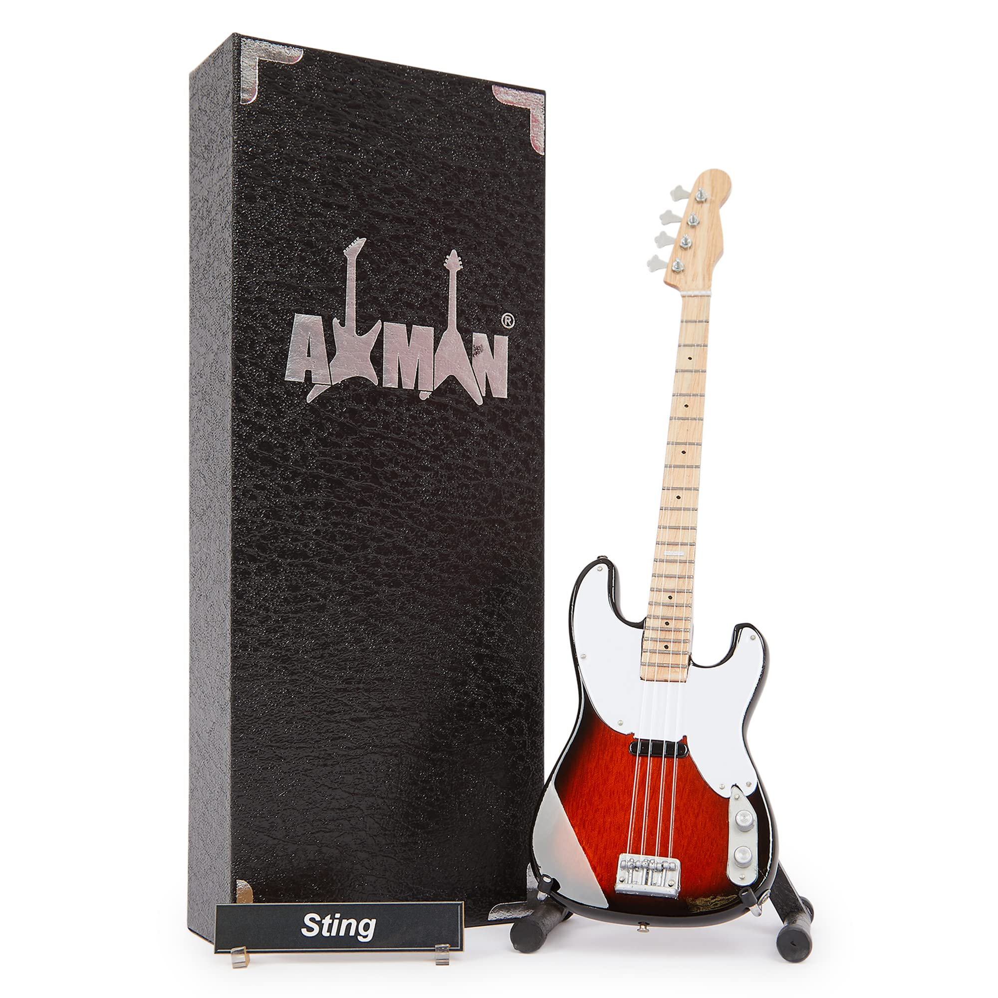 Sting (The Police): Bass - Miniature Guitar Replica - Music Gifts - Handmade Ornamental 1/4 Scale - Includes a Display Box, Name Tag and Miniature Stand