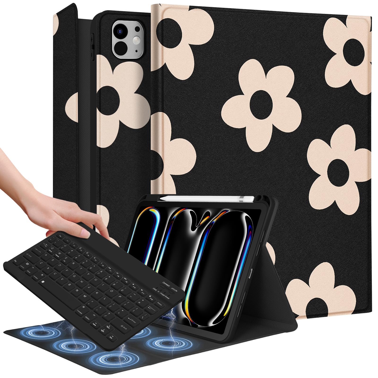 Photo 1 of Wazzasoft for iPad Pro 11 inch Case with Keyboard M4 - Pencil Holder Folio Women Girls Cute Kawaii Unique Design for Apple Tablet Cover Pro 11 2024, Black Flower