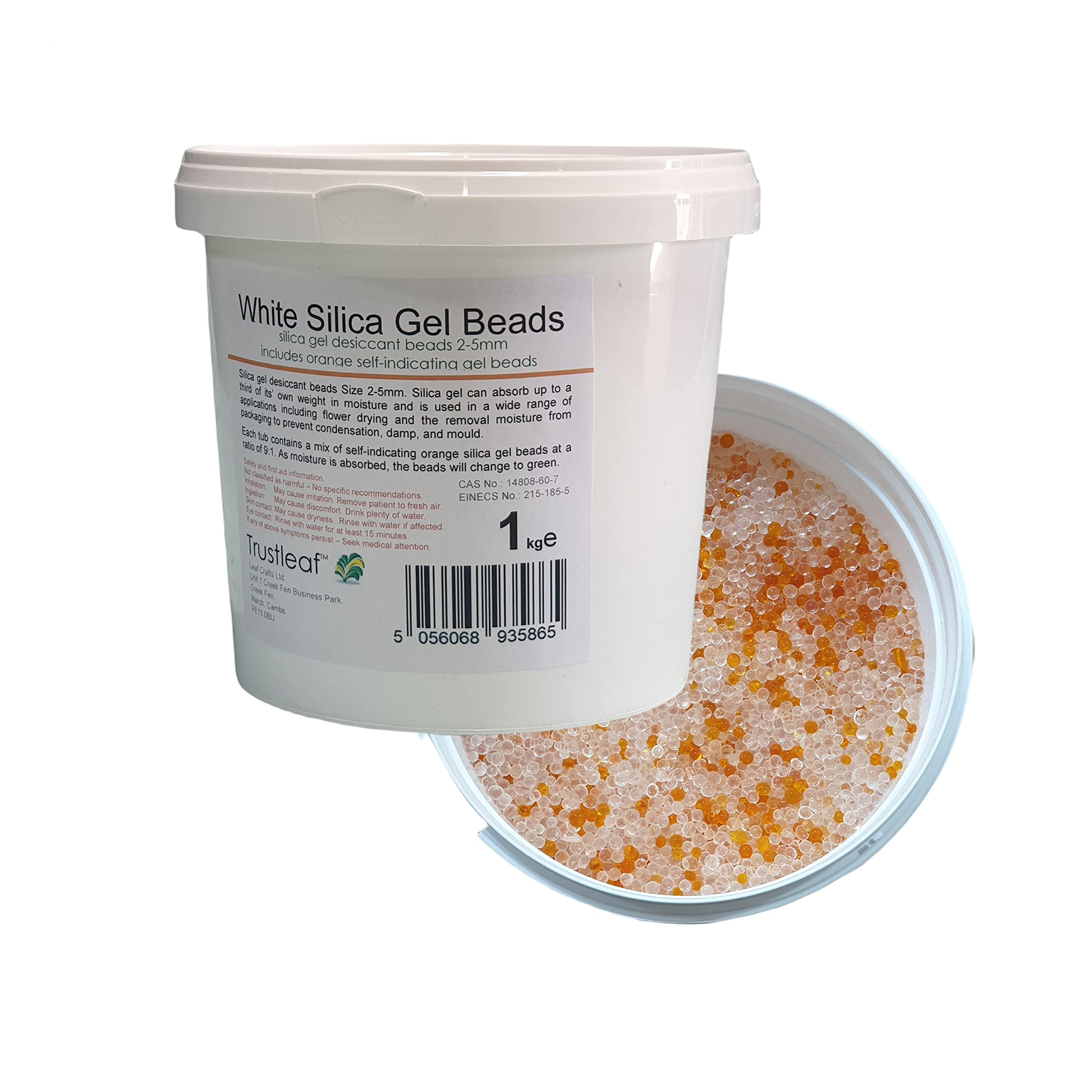 Trustleaf 1kg / 2.2lb TUB White Silica Gel Desiccant Beads with Orange Self-Indicator - 3D Printing/Flower Drying.