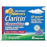 Claritin Children's Allergy Medicine, 24-Hour Non-Drowsy Loratadine 5mg Chewable Tablet, Antihistamine for Kids Ages 2 Years and Older, Grape Flavored, 40 Tablets