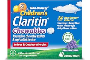 Claritin Children's Allergy Medicine, 24-Hour Non-Drowsy Loratadine 5mg Chewable Tablet, Antihistamine for Kids Ages 2 Years and Older, Grape Flavored, 40 tablets