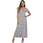 DUKAKII Womens Summer Dress Boho Floral Dress Sleeveless Ruffle Deep V Neck Cotton A Line Maxi Dresses
