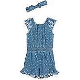 Little Me Clothes for Baby Girls' 100% Cotton Woven Romper and Headband Set, 12 Months to 4 Toddler