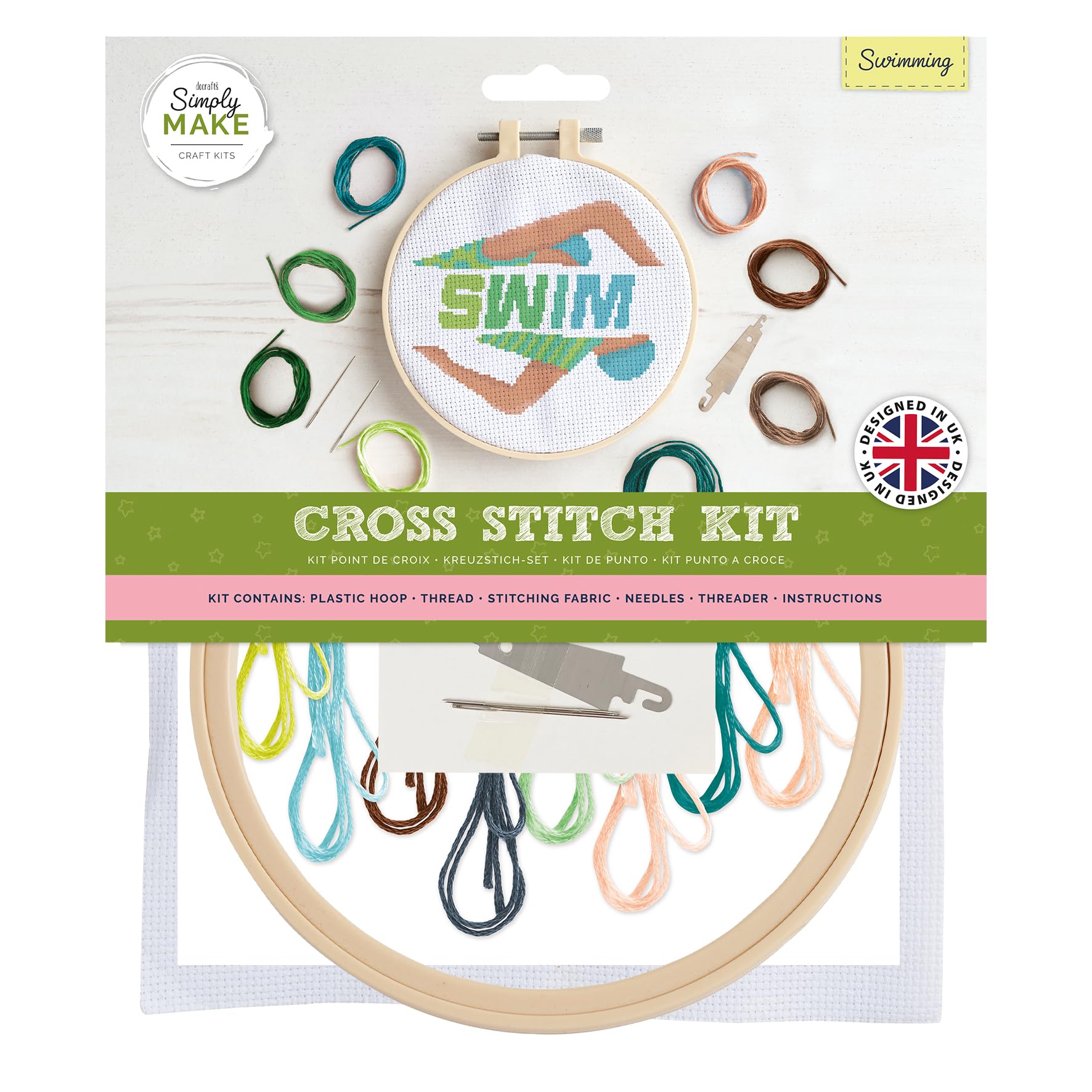 Simply MAKE Cross Stitch Kit Swimming Design, Kids & Adults, Hoop, Embroidery Thread, Adult Crafts, Beginners Craft Kit